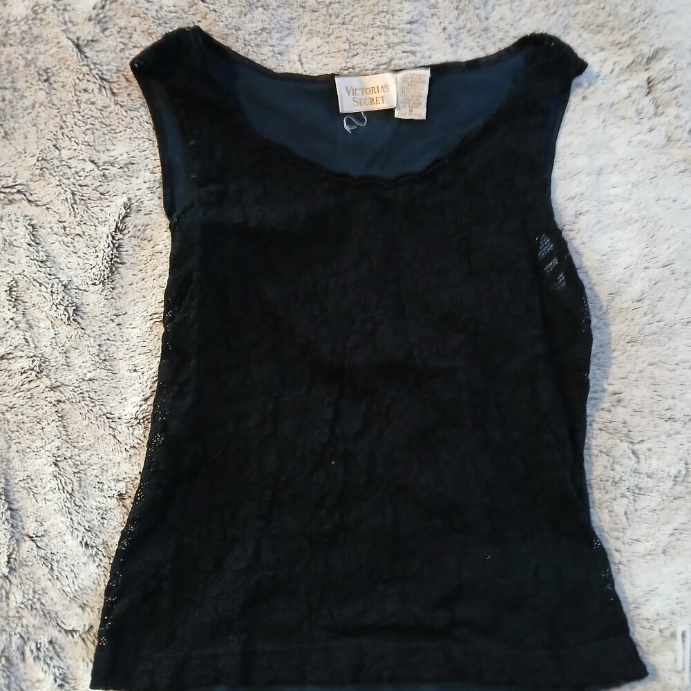 Victoria's Secret Vintage Women's Lace Front Sleeveless Tee SZ M Black